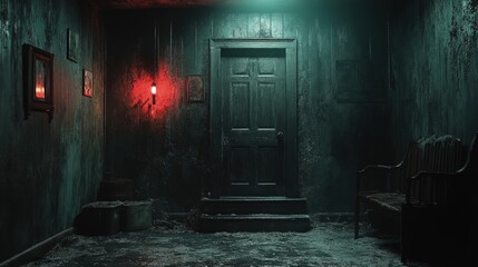 Obraz premium Dark creepy hallway with a door steps and a red light.
