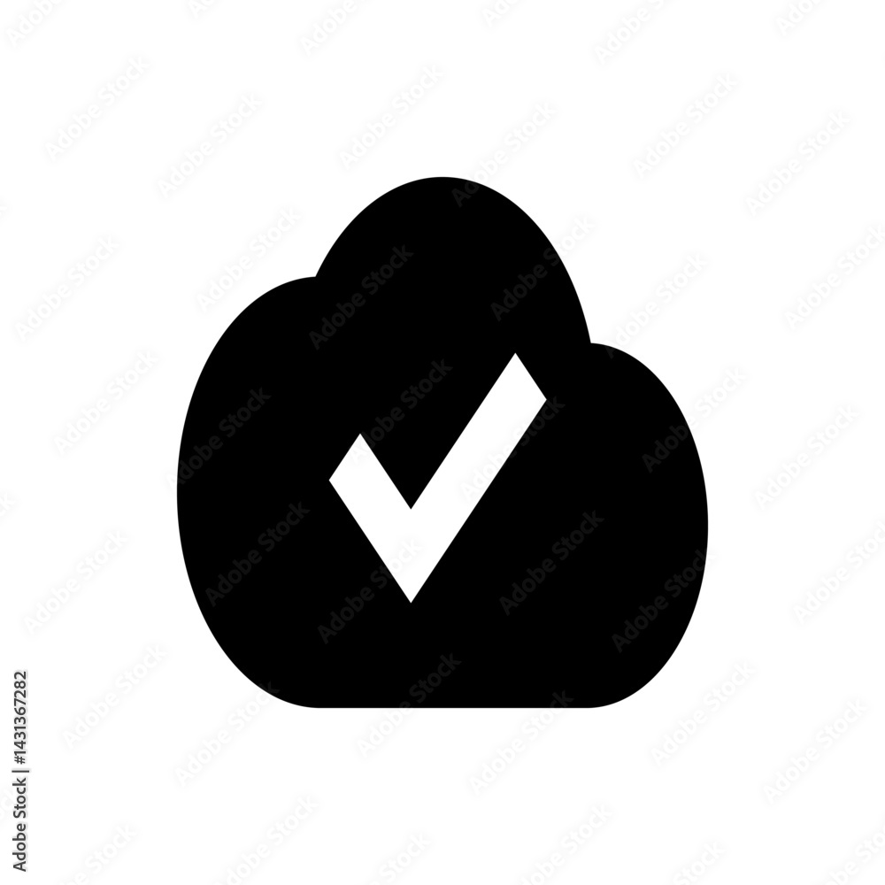 Poster black cloud icon with a white check mark inside representing cloud computing and data verification p