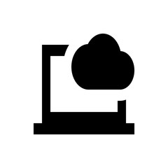 A black and white illustration of a cloud above a boxy shape on a horizontal line design image here