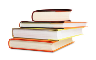 Stack of colorful books on white background