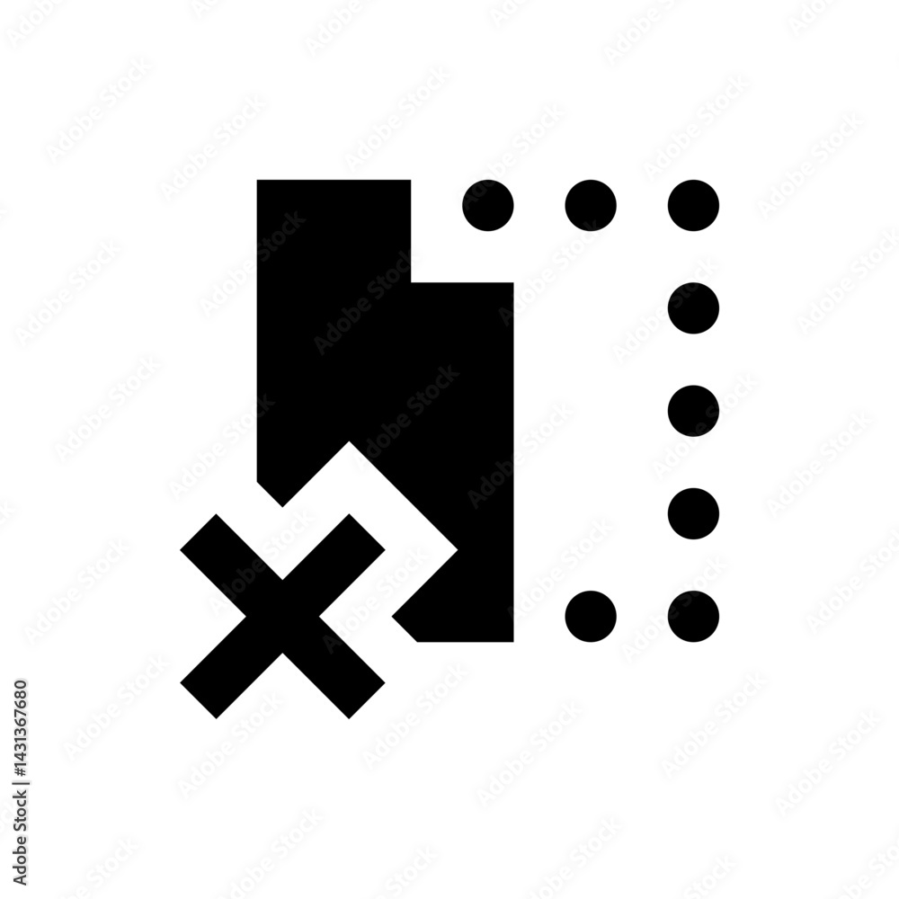 Poster black shape with x mark and corner design alongside a series of black dots arranged in a vertical li