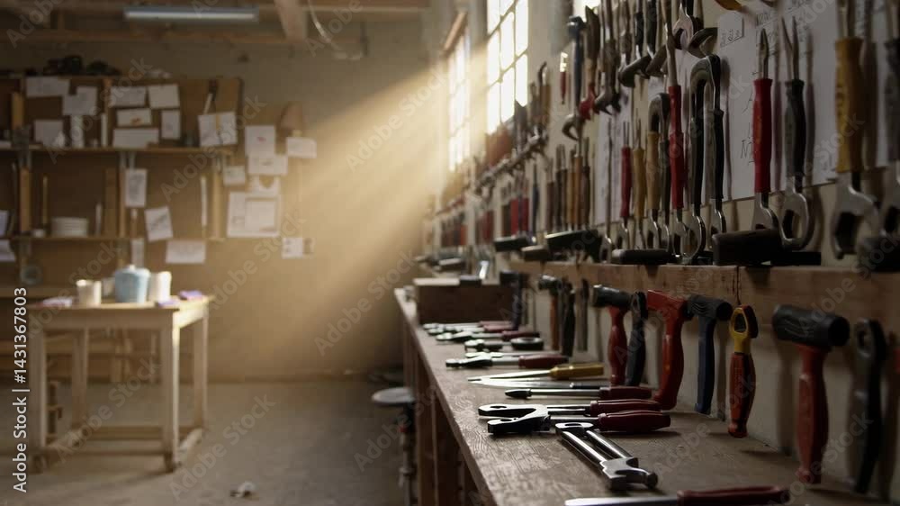 Poster serene workshop atmosphere with soft glow and simple tools