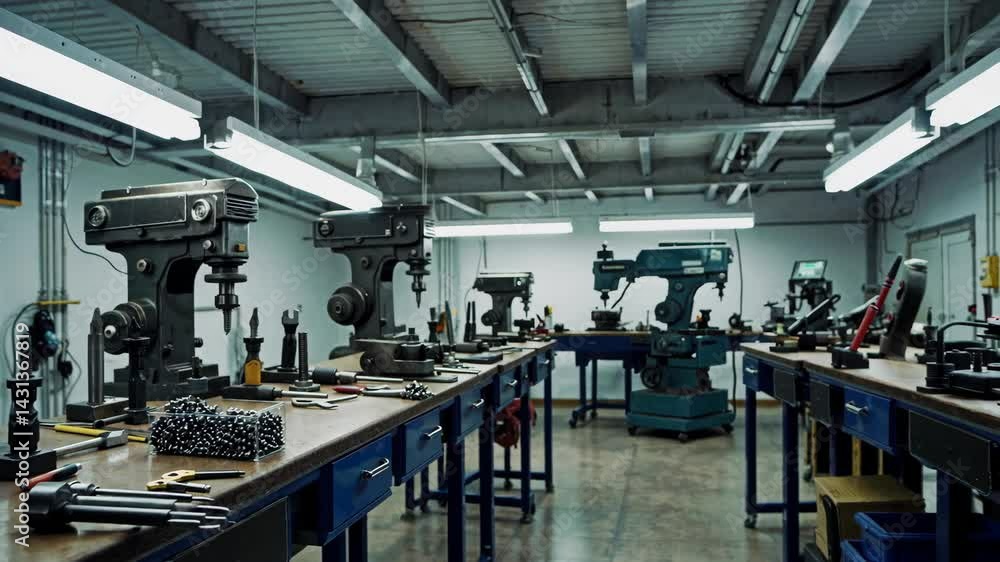 Poster serene workshop scene with tools and machines in simple layout