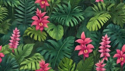 A dense arrangement of lush green leaves and striking pink flowers, a tropical paradise.