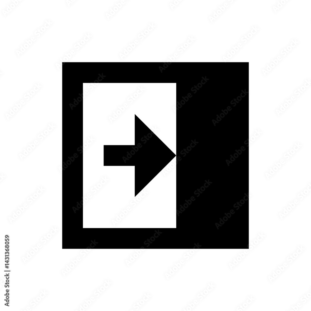 Poster black right arrow pointing out of a white square against a black background in a simple graphic desi