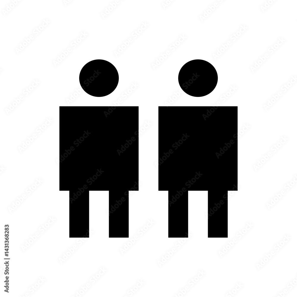 Poster two stylized black figures with circular heads standing side by side on a white background simple de