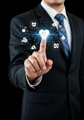 Businessman Touching Heart Health Icon Digital Healthcare and Wellness