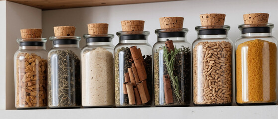 Spice jars arranged neatly on a shelf in a modern kitchen  
