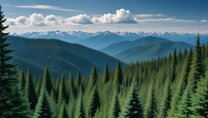 Fototapeta premium Expansive vista showcases towering evergreen trees leading to distant snow-capped mountain peaks.