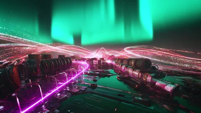 Simulated magnetic field lines CPU&rsquo;s power circuitry, aurora pulses computation activity. Particle fields shaped magnetic flux, colors match CPU load, super-macro shots inductors capacitors glowing