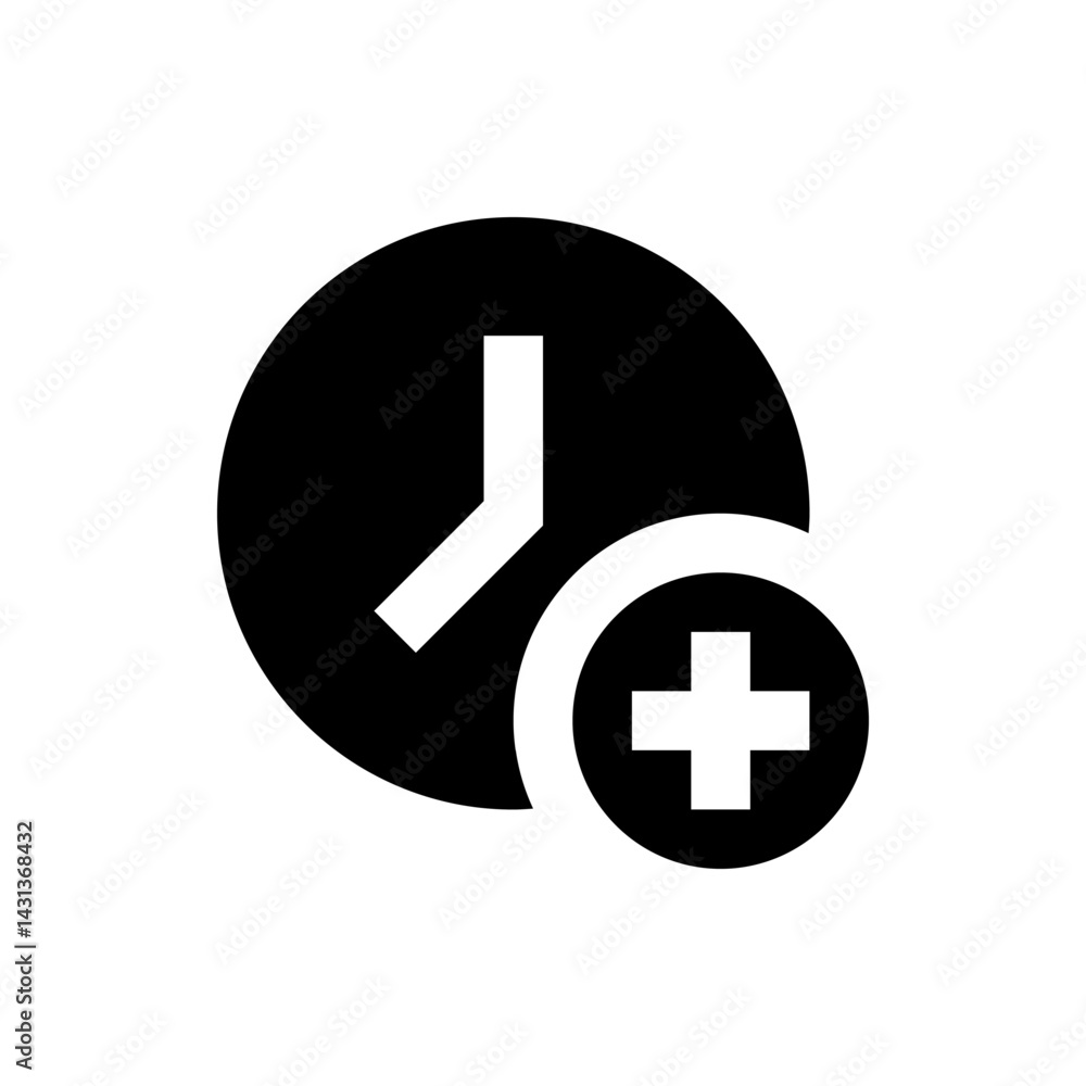 Poster black clock with white hands showing the time and a plus sign indicating addition or scheduling for 