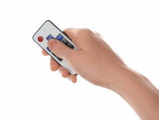 Woman with modern lighting remote control on white background, closeup