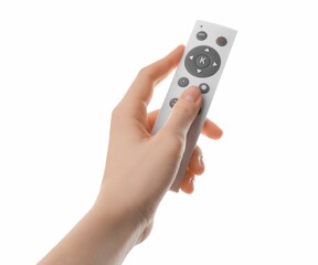 Woman with remote control on white background, closeup