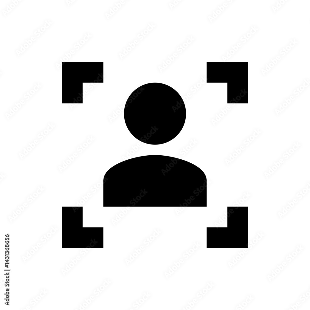 Poster black and white user icon with head and shoulders inside a focus target symbol in simple vector form