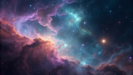 Fototapeta premium Cosmos inspired abstract background featuring layers of nebula clouds and starlight Vibrant cosmic nebula filled with stars and colorful gases in deep space.