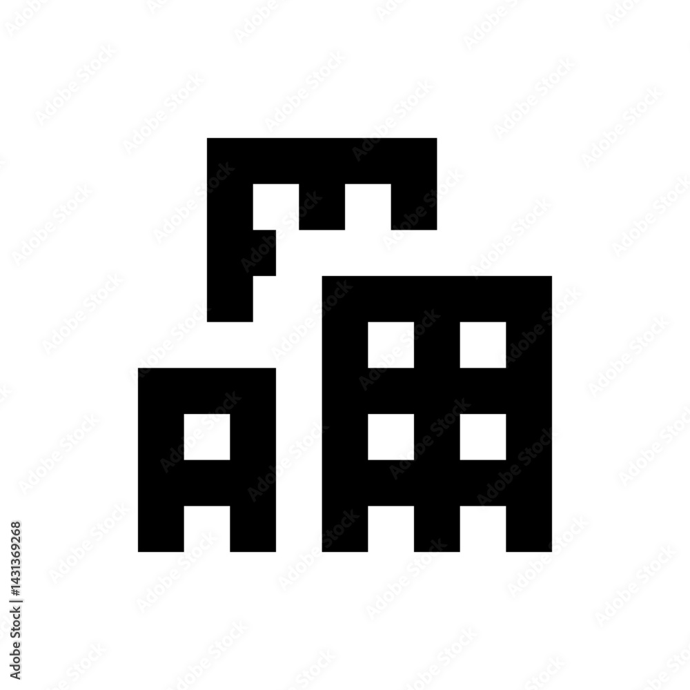 Poster black and white pixelated building structure with windows in a minimalist geometric representation s