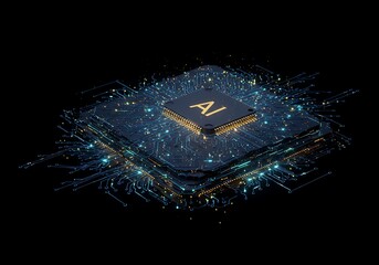 Artificial intelligence processor on a black background, symbolizing technological advancements and futuristic concepts. The processor features a sleek design with glowing components