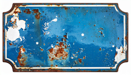 Rusty blue rectangular signboard with weathered texture, vintage design isolated on white.