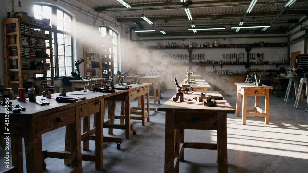 Poster serene atmosphere of a bright workshop with simple scene elements