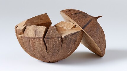 A cracked, brown coconut shell is open with one half lying on its side and the other half upright, revealing the empty interior
