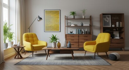 Fototapeta premium Living Room Interior with Yellow Armchairs and Wooden Furniture