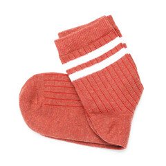 Pair of red socks isolated on white, top view