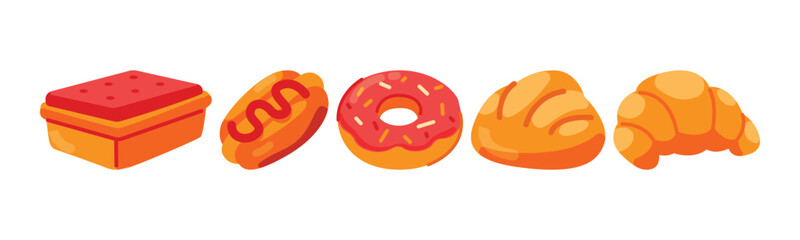A set of cartoon-style food items including a cake, a hotdog with ketchup, a pink donut with sprinkles, a bread roll, and a croissant, all isolated on a white background