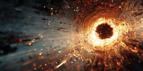 Digital art, Pixelated explosion of light with orange and gold tones emerging from a black void, glowing particles creating a motion blur effect

