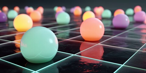 Naklejka premium Glowing 3D grid pattern with illuminated lines, minimalistic geometric design in a dark futuristic space, high-tech visual
