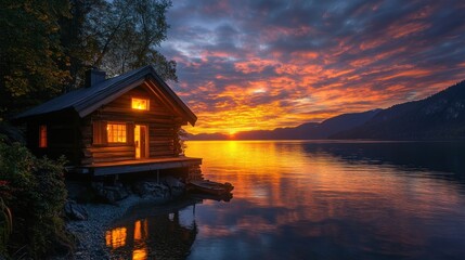 Fototapeta premium Serene Sunset at Lakeside Cabin