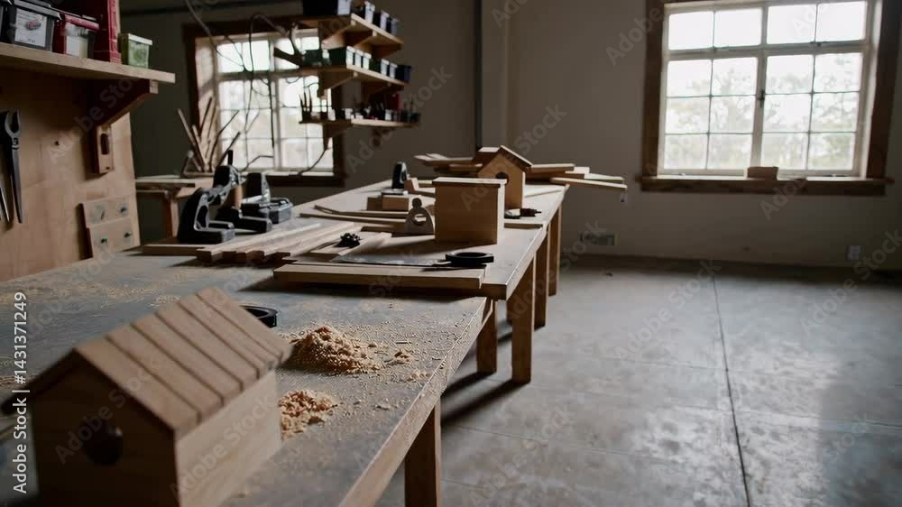 Poster quiet workshop scene with simple wooden projects and tools