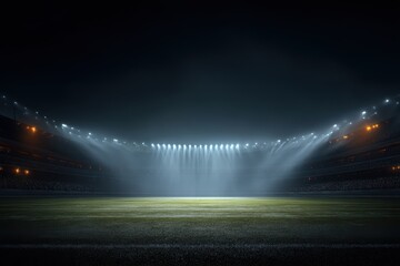 A dimly lit sports stadium with bright floodlights illuminating the field, creating an atmospheric scene ready for an event.