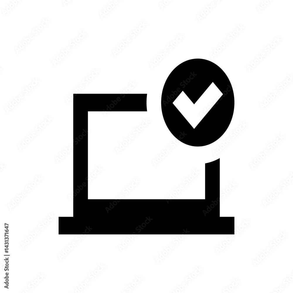 Poster laptop outline icon with a checkmark inside a circle in the upper right corner in black and white co