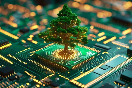 Digital tree, circuit board, microchip, glowing data streams, green and gold, futuristic technology, digital growth, AI concept, data visualization, electronic nature, close-up, bokeh background, high
