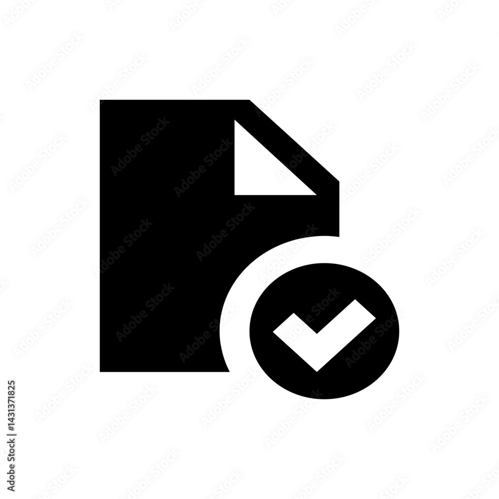 Poster black and white document icon with a check mark inside a circle indicating file verification success