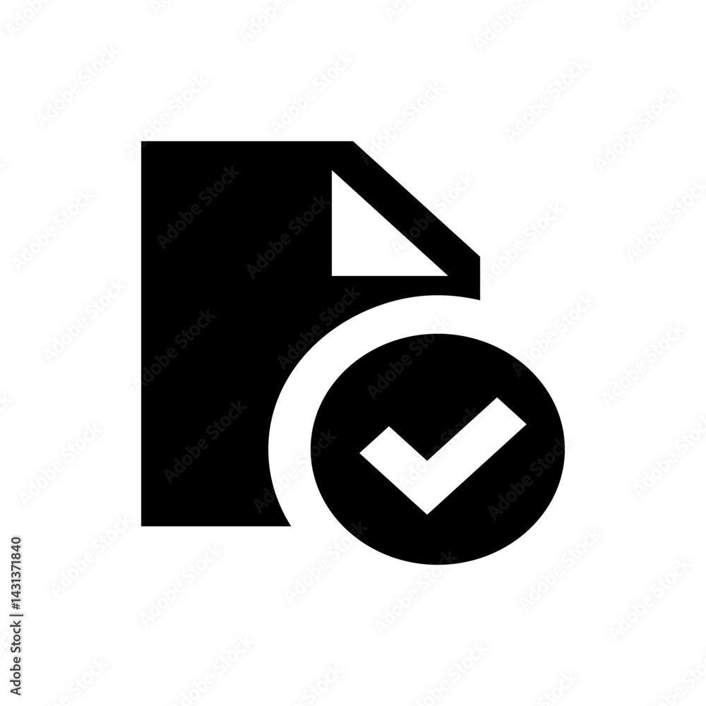 Poster a black and white icon showing a document with a folded corner and a check mark in a circle overlayi