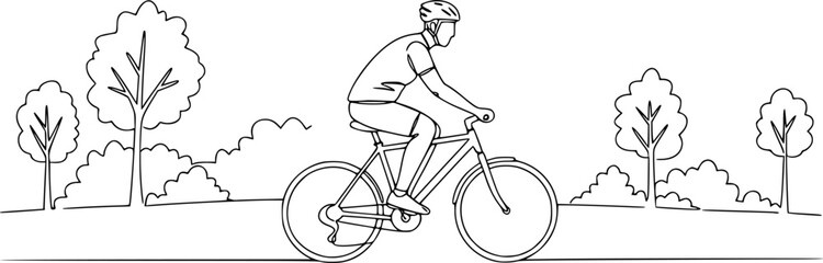Fototapeta premium Single continuous line drawing of a Man pushing his bicycle in the park. Dynamic single-line draw design graphic vector illustration. 
