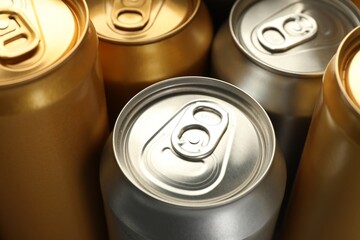 Many different tin cans as background, closeup