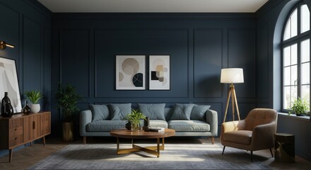 Fototapeta premium Living Room with Blue Walls and Modern Furniture Decor