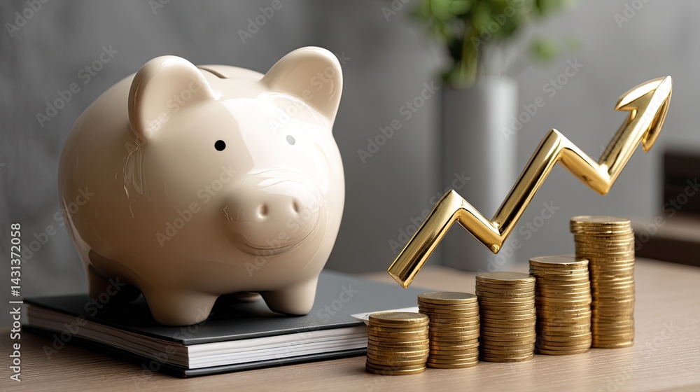 Poster piggy bank surrounded by stacked coins and an upward graph symbolizing financial growth and saving s