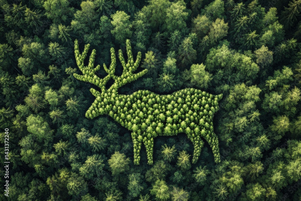 Poster abstract animal shape formed by treetops captures wildlife essence in lush forest view from above ge