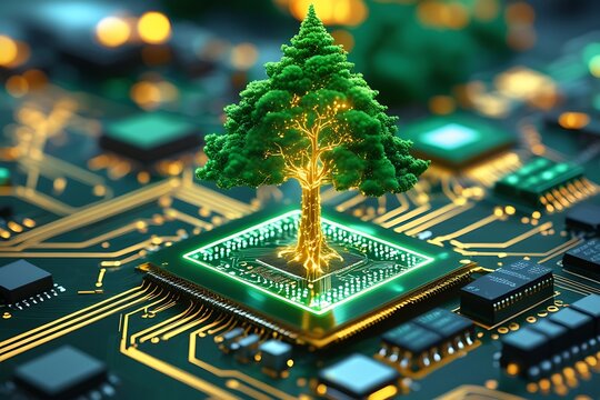 Digital tree, circuit board, microchip, glowing data streams, green and gold, futuristic technology, digital growth, AI concept, data visualization, electronic nature, close-up, bokeh background, high - Powered by Adobe