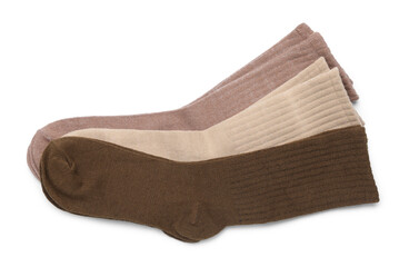 Many different pairs of socks isolated on white, top view