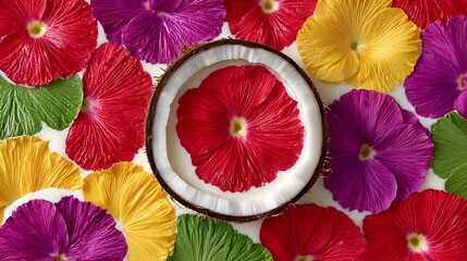 A halved coconut shell filled with coconut milk and a single red flower petal, surrounded by colorful flower petals