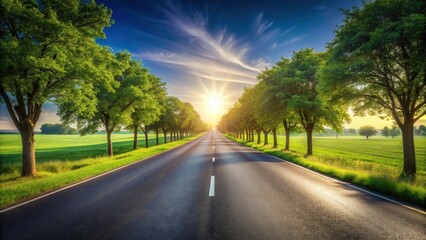 Fototapeta premium Asphalt Road Through Lush Green Trees at Sunset A Scenic Drive on a Sunny Day