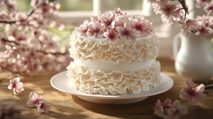 Delicate tiered cake adorned with delicate pink flowers, sitting on a white plate
