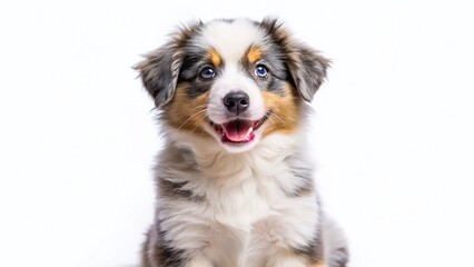 Adorable Australian Shepherd Puppy, Happy Dog, White Background, Pet Portrait, Studio Shot