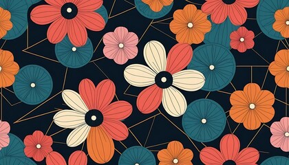 Colorful floral pattern with geometric lines on a dark background in a seamless design style