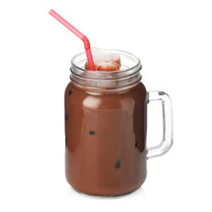 Tasty chocolate milk in mason jar isolated on white