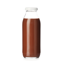 Tasty chocolate milk in glass bottle isolated on white